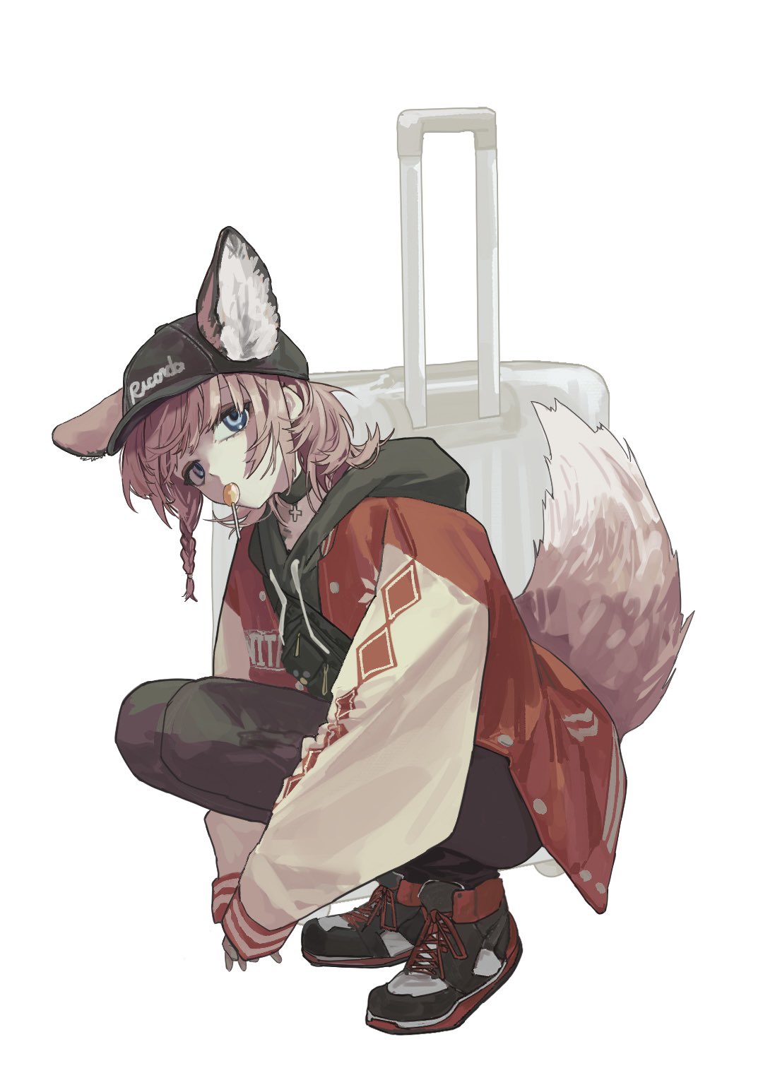 hjm matsukasa, sussurro (arknights), sussurro (travel freely) (arknights), arknights, highres, 1girl, animal ears, blue eyes, ears through headwear, fox ears, fox girl, fox tail, hat, jacket, official alternate costume, red jacket, shoes, simple background, solo, squatting, tail, white background