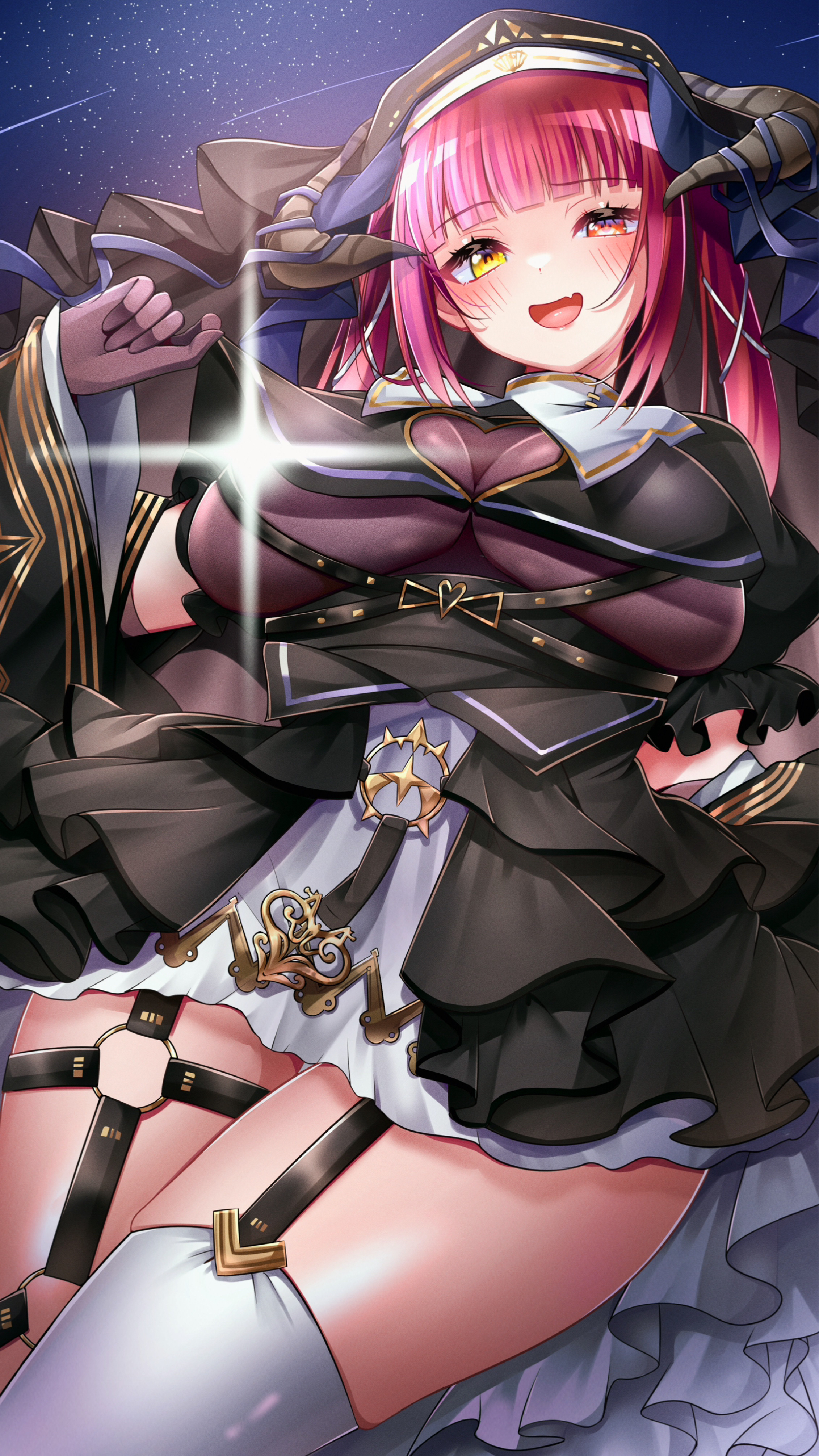 inairego116, houshou marine, hololive, absurdres, highres, black dress, black garter straps, breasts, cleavage cutout, clothing cutout, dress, fang, garter straps, gloves, heart cutout, heterochromia, horns, large breasts, long hair, nun, open mouth, red eyes, red hair, shooting star, skin fang, sky, smile, star (sky), starry sky, thighhighs, virtual youtuber, white thighhighs, yellow eyes