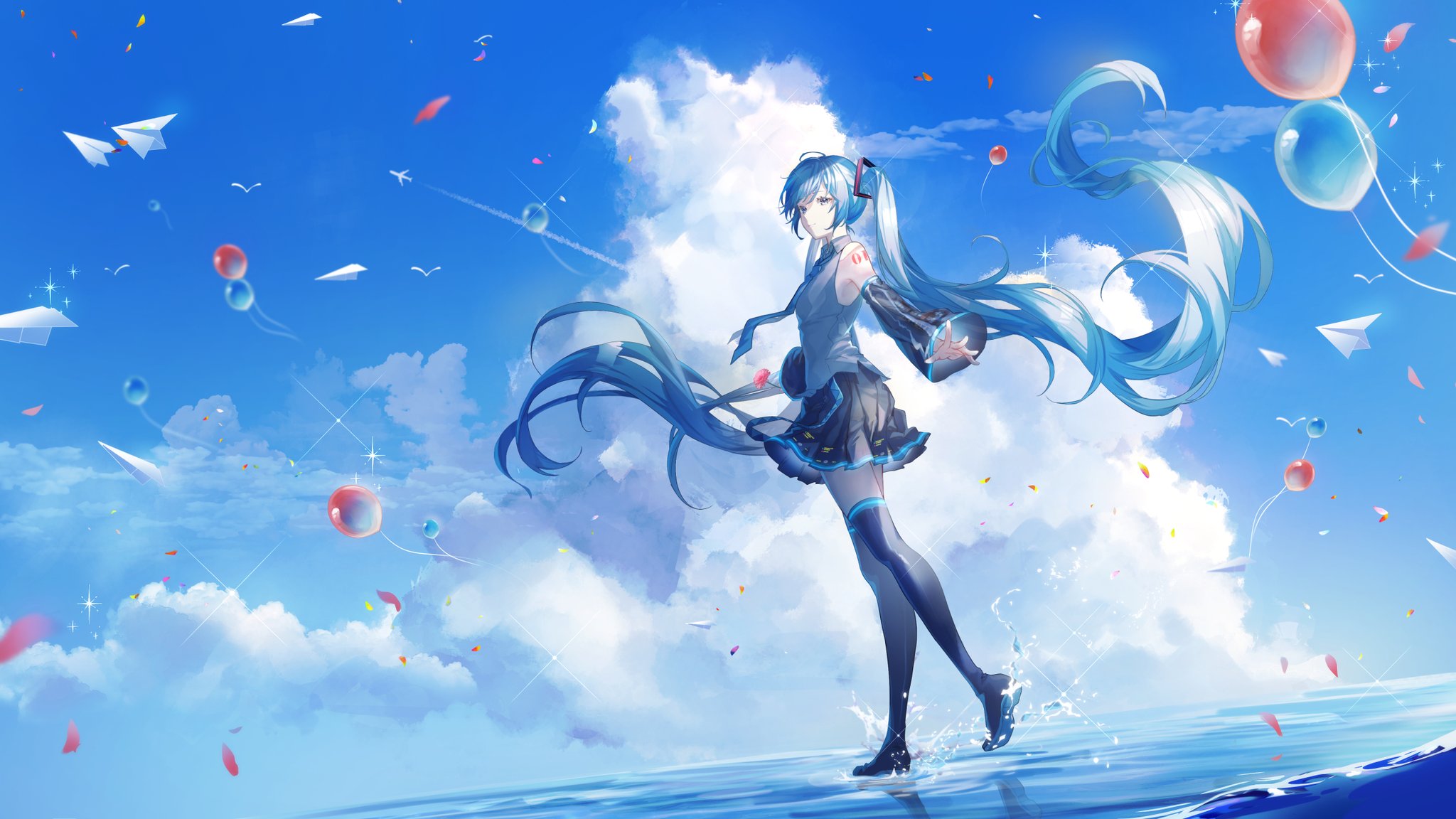 aono 99, hatsune miku, vocaloid, highres, 1girl, arm tattoo, balloon, black skirt, blue eyes, blue hair, blue necktie, blue sky, blue trim, boots, cloud, collared shirt, detached sleeves, flat chest, grey shirt, long hair, long sleeves, miniskirt, necktie, number tattoo, ocean, pleated skirt, shirt, skirt, sky, solo, tattoo, thigh boots, twintails, very long hair, wide sleeves