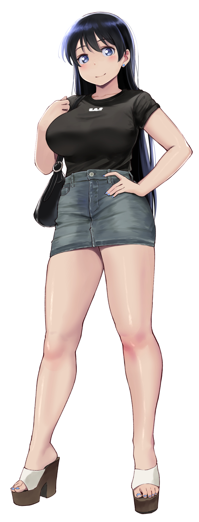 wa (genryusui), arato nagi, ruri no houseki, highres, 1girl, back, bag, black hair, black shirt, blue eyes, blue skirt, blush, breasts, denim, denim skirt, earrings, full body, high heels, jewelry, large breasts, long hair, looking at viewer, miniskirt, shirt, short sleeves, shoulder bag, skirt, smile, solo, white background