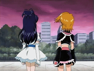 cure black, cure white, misumi nagisa, yukishiro honoka, futari wa precure, precure, diagonal-striped neckwear, striped neckwear, animated, animated gif, lowres, 00s, 6+boys, 6+girls, balding, belt, brown hair, building, bumping, comb over, dress, facial hair, fingerless gloves, glasses, gloves, hard hat, helmet, long hair, midriff, multiple boys, multiple girls, mustache, necktie, orange hair, outdoors, park, pink belt, qvga, short dress, short hair, shorts, surprised, swept bangs, tree