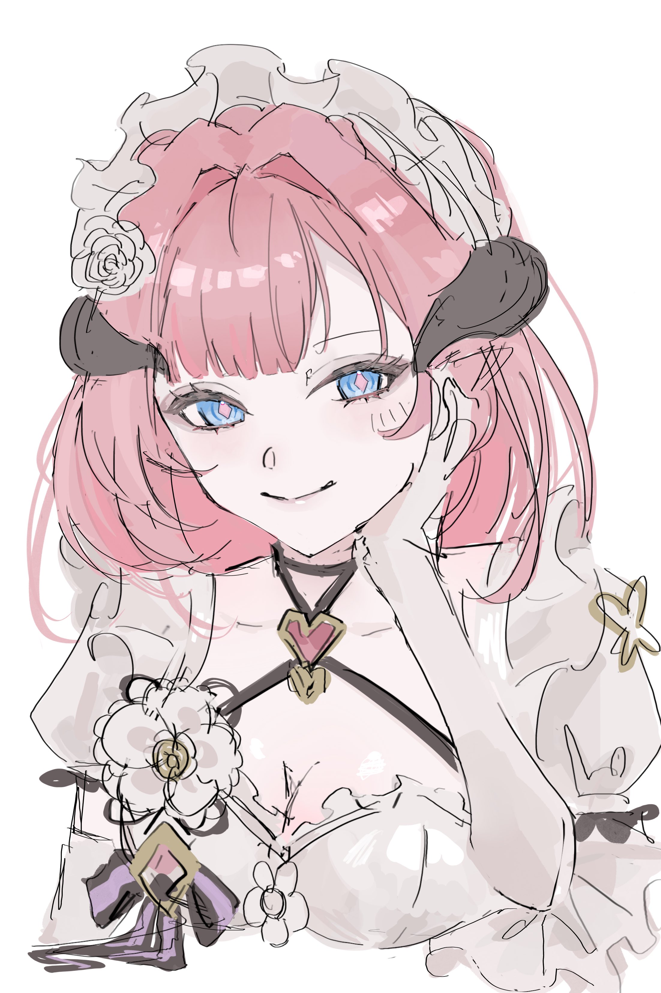 elysia (honkai impact), elysia (miss pink) (honkai impact), elysia (miss pink elf) (honkai impact), honkai (series), honkai impact 3rd, absurdres, hashtag-only commentary, highres, 1girl, blue eyes, breasts, cleavage, cropped torso, fake horns, gloves, horns, large breasts, long hair, looking at viewer, maid, maid headdress, official alternate costume, pink hair, popoko n, puffy short sleeves, puffy sleeves, short sleeves, simple background, smile, solo, white background, white gloves