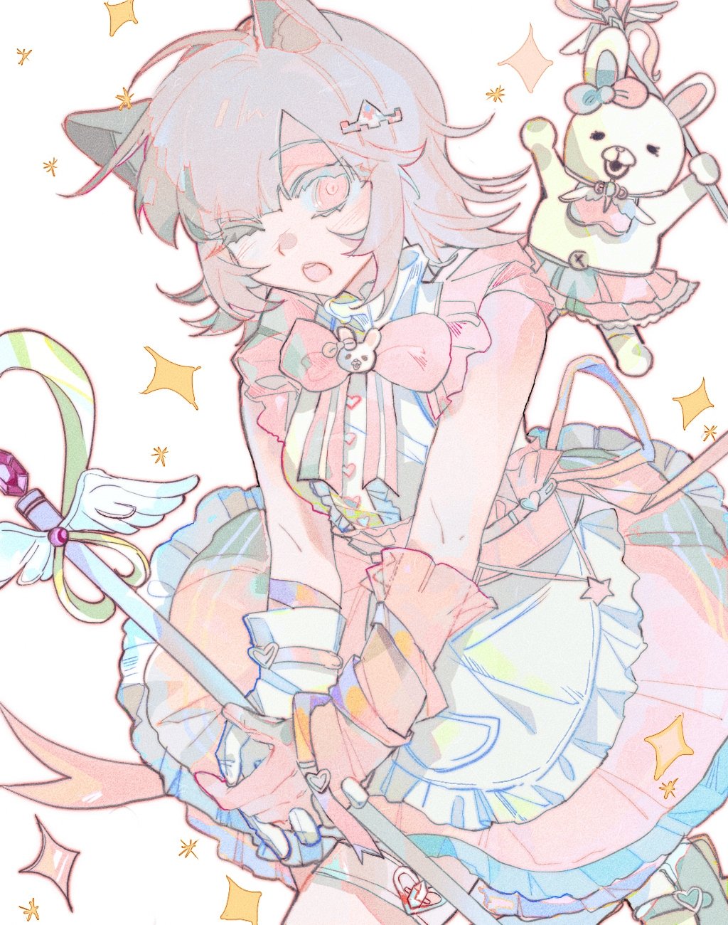 nanami chiaki, usami (danganronpa), danganronpa (series), danganronpa 2: goodbye despair, highres, 1girl, ;o, alternate costume, animal ears, apron, bare shoulders, blush, bow, bowtie, breasts, brown hair, cat ears, dress, gloves, heart, heart o-ring, holding, holding staff, htt1988406, medium breasts, medium hair, o-ring, one eye closed, pink bow, pink bowtie, pink eyes, simple background, smile, staff, waist apron, white apron, white background, white dress, white gloves
