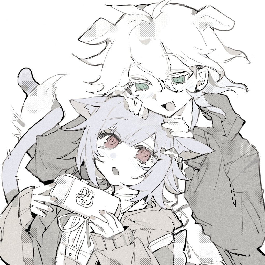 komaeda nagito, nanami chiaki, danganronpa (series), danganronpa 2: goodbye despair, 1boy, 1girl, :d, ahoge, animal ears, brown eyes, cat ears, cat girl, cat tail, dog boy, dog ears, dog tail, dress shirt, fang, hair ornament, handheld game console, holding, holding handheld game console, hood, hood down, htt1988406, long sleeves, looking at another, medium hair, neck ribbon, open mouth, ribbon, shirt, smile, tail