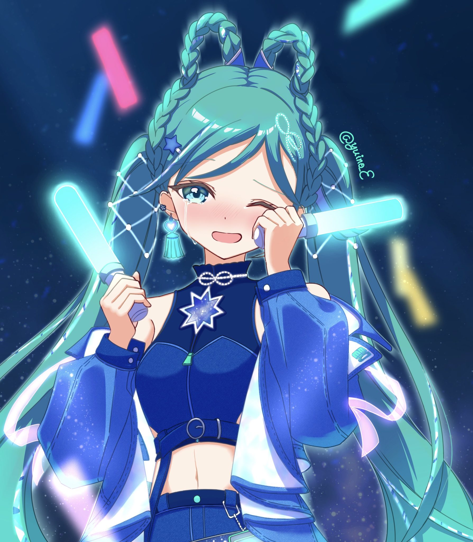 yuin0, hatsune miku, magical mirai miku, magical mirai miku (2025), magical mirai (vocaloid), vocaloid, highres, 1girl, aqua eyes, aqua hair, blue jacket, blush, braid, braided hair rings, crop top, crying, crying with eyes open, earrings, hair ornament, hair rings, heart, heart earrings, holding, holding lightstick, jacket, jewelry, lightstick, long hair, midriff, navel, official alternate costume, official alternate hairstyle, one eye closed, open clothes, open jacket, open mouth, single earring, smile, solo, star (symbol), star hair ornament, streaming tears, tears, twintails, twitter username, very long hair