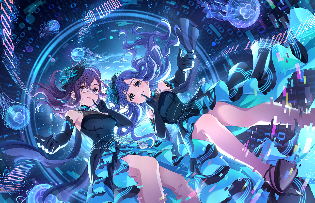 asari nanami, yagami makino, idolmaster, idolmaster cinderella girls, idolmaster cinderella girls starlight stage, game cg, official art, 2girls, binary, blue eyes, blue hair, elbow gloves, glasses, gloves, hair ornament, high heels, hologram, multiple girls, purple hair, shoe soles