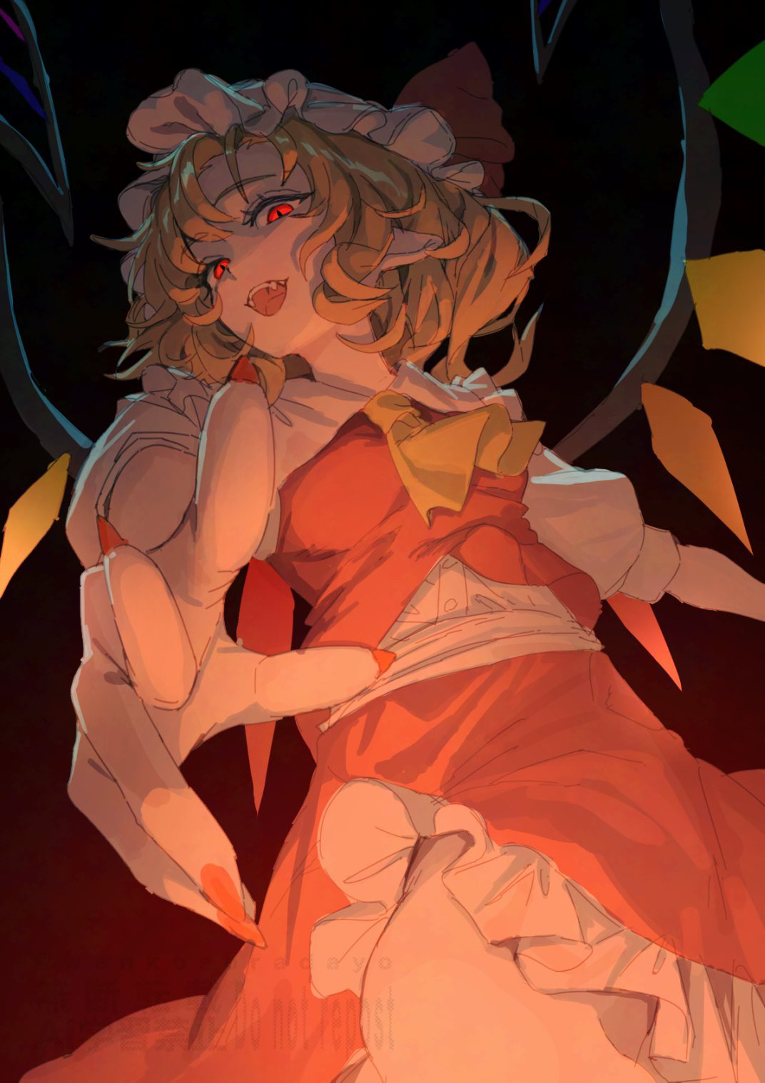 wanko sora, flandre scarlet, touhou, highres, 1girl, ascot, black background, blonde hair, collared shirt, crystal wings, fangs, fingernails, frills, from below, hat, looking at viewer, looking down, medium hair, mob cap, nail polish, open mouth, pointy ears, reaching, reaching towards viewer, red eyes, red nails, red skirt, red vest, sharp fingernails, shirt, short sleeves, skirt, slit pupils, smile, solo, vampire, vest, watermark, white shirt, wings, yellow ascot