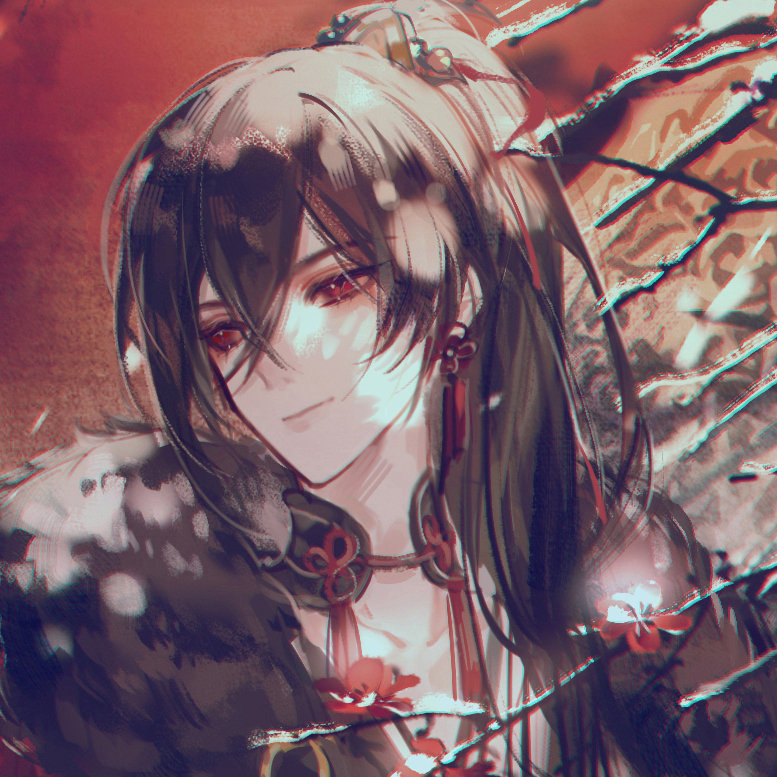 sinko123, ayn alwyn, lovebrush chronicles, chinese commentary, 1boy, black collar, black hair, black robe, branch, chinese clothes, closed mouth, collar, dappled sunlight, earrings, flower, flower earrings, fur trim, hair between eyes, hair ribbon, hanfu, high ponytail, jewelry, long hair, looking to the side, male focus, neck tassel, plum blossoms, ponytail, portrait, red eyes, red flower, red ribbon, ribbon, robe, smile, snow, solo, sunlight, tassel, tassel earrings