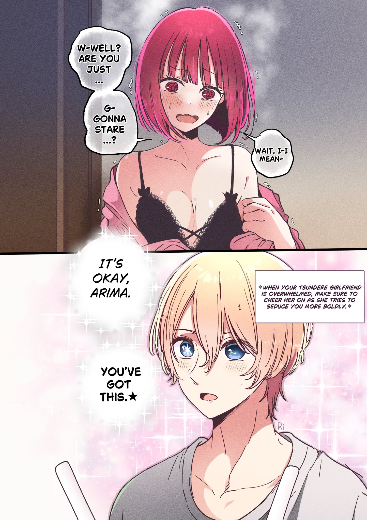risdelusions, arima kana, hoshino aquamarine, oshi no ko, highres, 1boy, 1girl, babydoll, bare shoulders, blonde hair, blush, bob cut, breasts, ceavage, collarbone, english text, indoors, medium breasts, open clothes, open shirt, shirt, short hair
