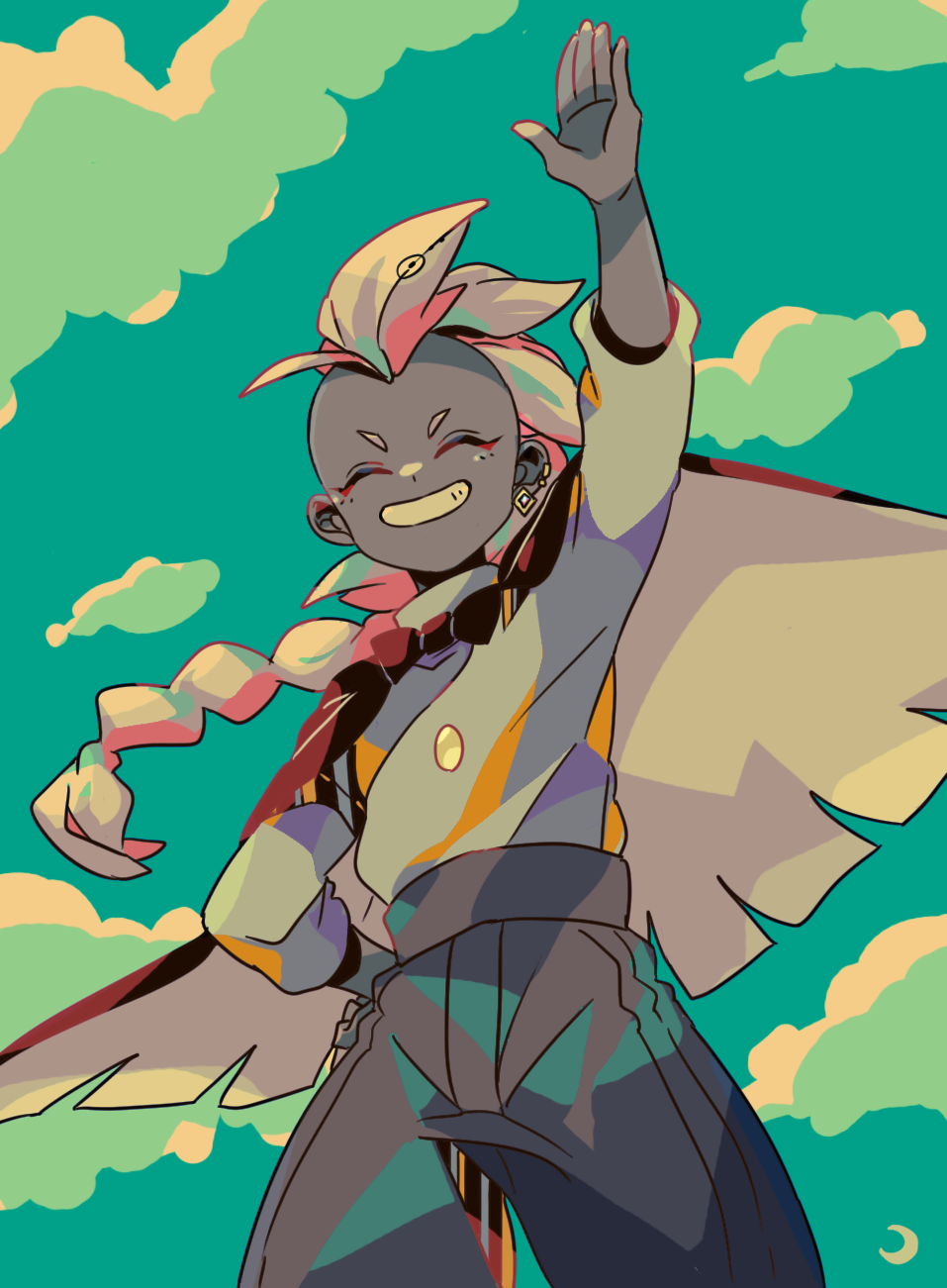 mizuki tsukimori, sky: children of the light, commentary request, highres, 1girl, arm up, blue sky, cape, closed eyes, cloud, earrings, facing viewer, feet out of frame, grey pants, grin, jewelry, long hair, long sleeves, mohawk, pants, sky, smile, waving, white hair