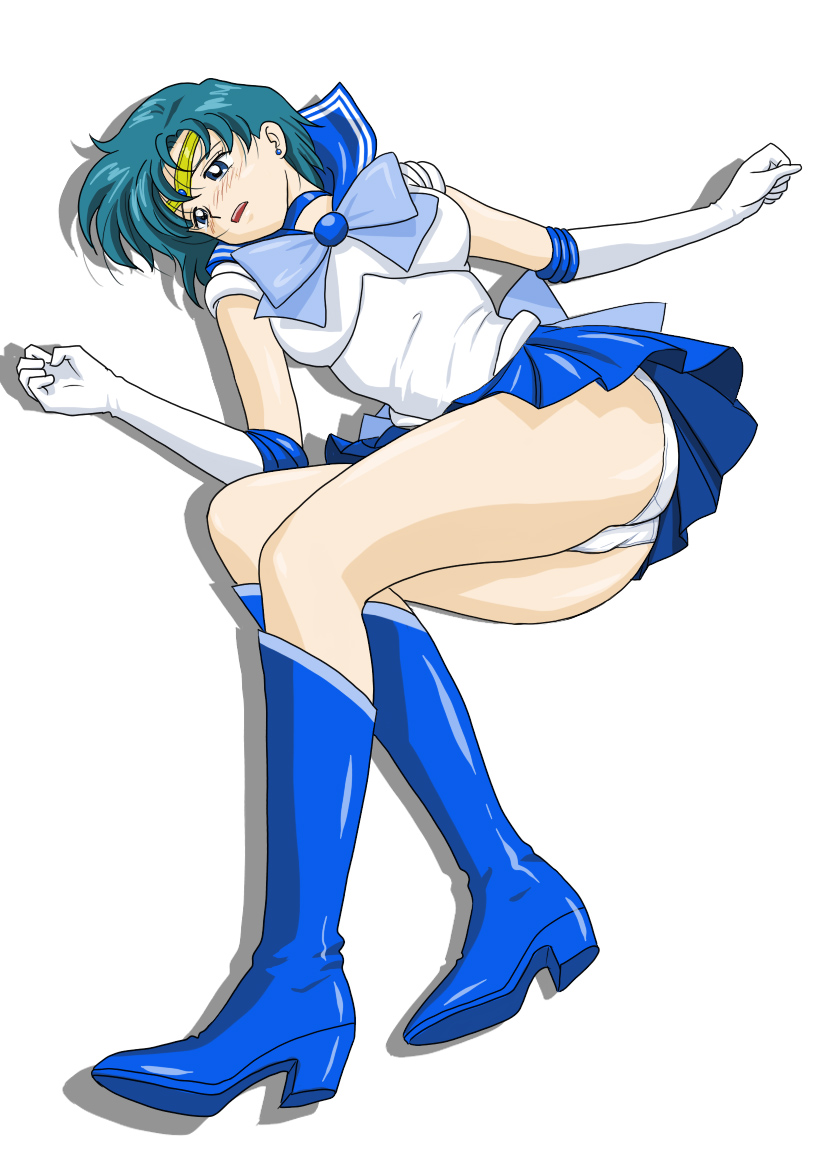 mr. r (2ch's sailor moon thread), mizuno ami, sailor mercury, bishoujo senshi sailor moon, 1990s (style), 1girl, blue boots, blue eyes, blue hair, blue sailor collar, blue skirt, blush, boots, female focus, knee boots, magical girl, matching hair/eyes, panties, pantyshot, retro artstyle, sailor collar, school uniform, serafuku, short hair, skirt, solo, underwear, upskirt, white background