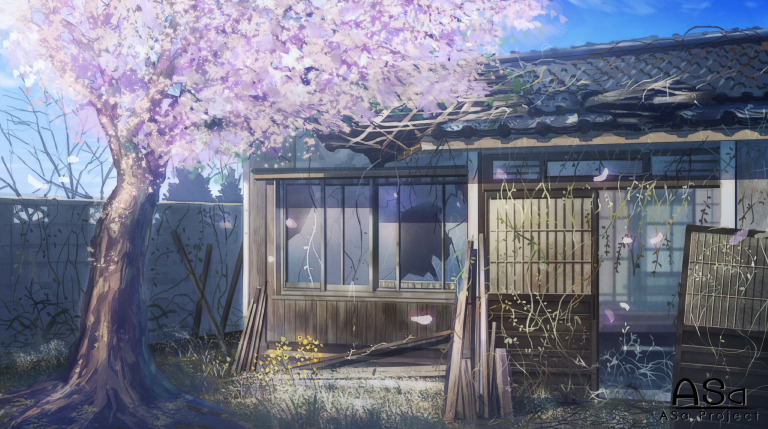 yakan (2281101), kari gurashi ren'ai, commentary request, official art, abandoned, blue sky, broken, broken glass, cherry blossoms, day, glass, no humans, outdoors, overgrown, plant, scenery, sky, tree, vines, window