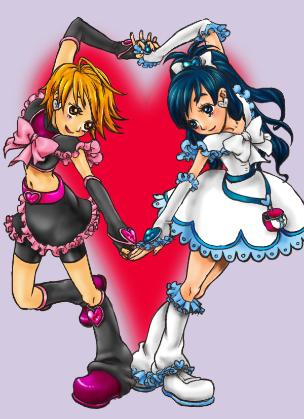 cure black, cure white, misumi nagisa, yukishiro honoka, futari wa precure, precure, 00s, blue eyes, blue hair, brown eyes, brown hair