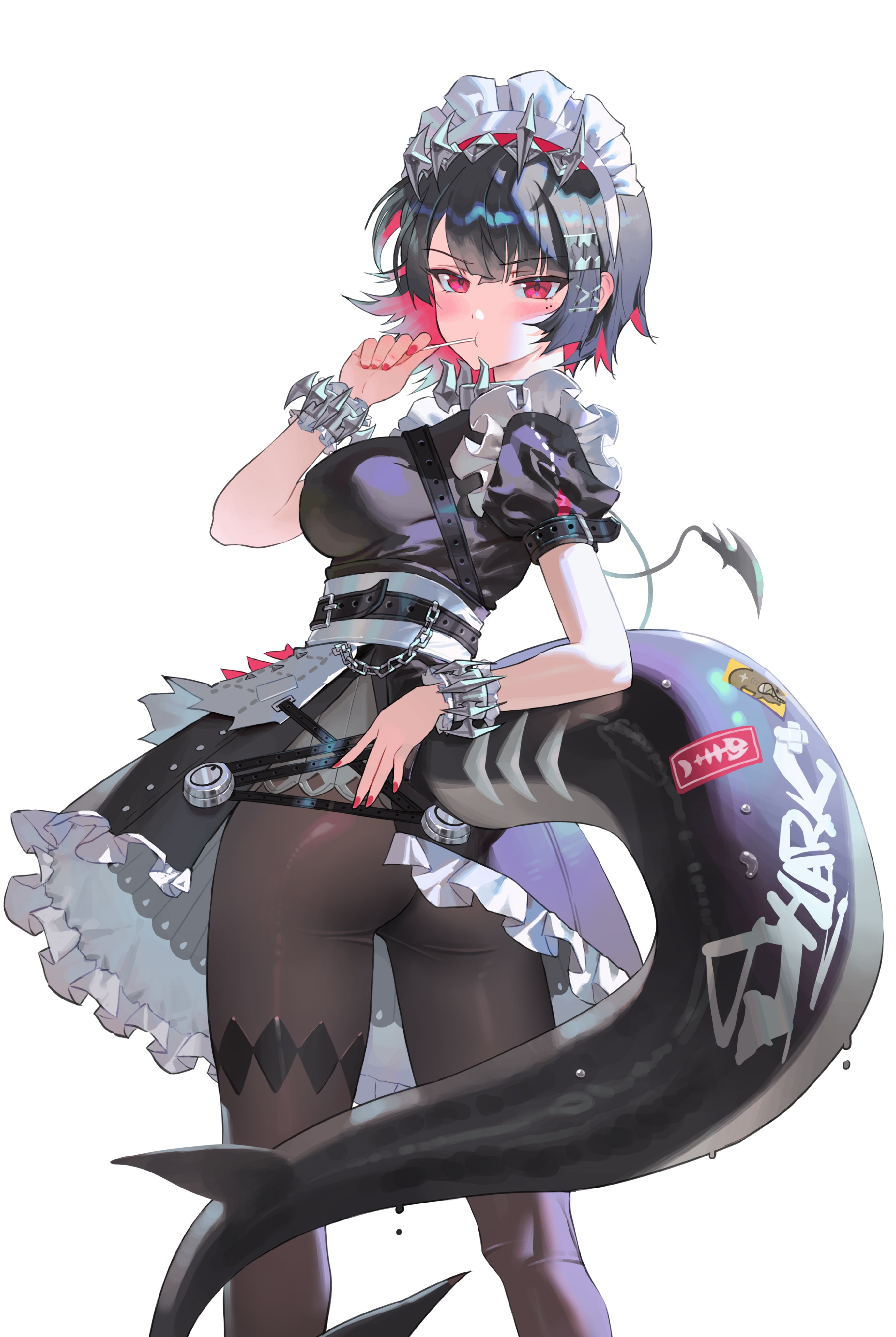 wonbin lee, ellen joe, zenless zone zero, absurdres, commentary, highres, symbol-only commentary, 1girl, black dress, black hair, black pantyhose, blush, candy, chain, colored inner hair, dress, fingernails, fins, fish tail, food, frilled dress, frills, from behind, hairband, holding, holding candy, holding food, holding lollipop, lollipop, looking at viewer, maid headdress, metal hairband, mole, mole under eye, multicolored hair, nail polish, pantyhose, pink hair, puffy short sleeves, puffy sleeves, red eyes, red nails, scar, scar on tail, shark girl, shark tail, short hair, short sleeves, simple background, solo, spiked headband, standing, tail, twisted torso, white background