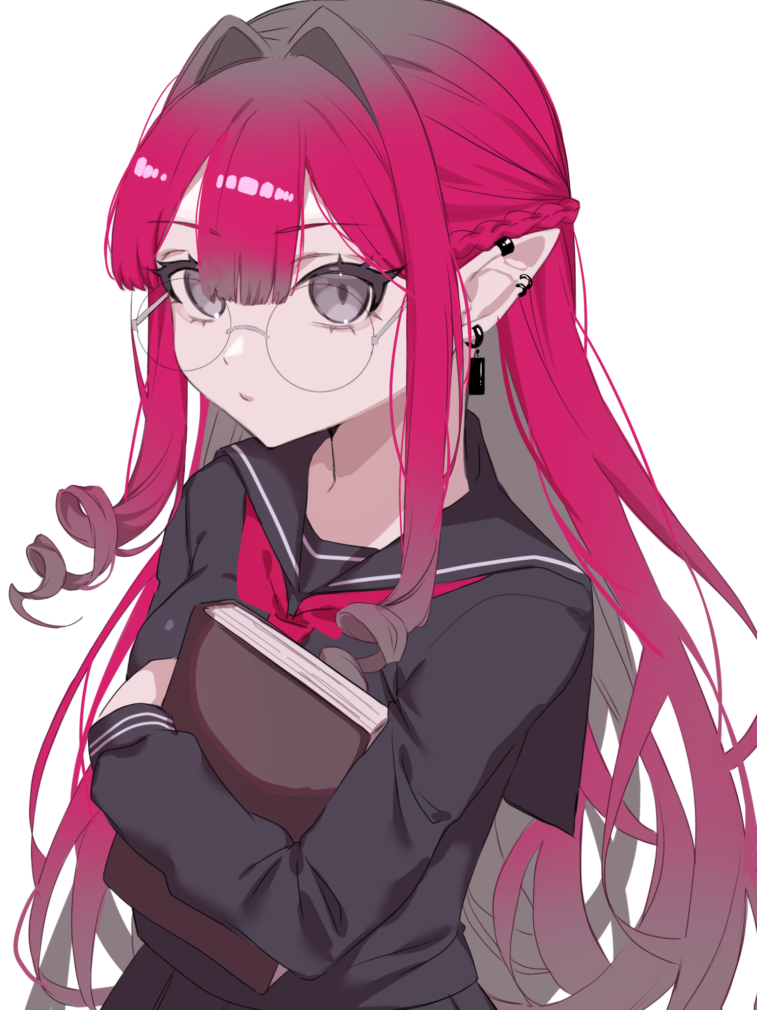 590kogure590, baobhan sith (fate), fate/grand order, fate (series), highres, 1girl, black sailor collar, black serafuku, black shirt, black skirt, book, breasts, earrings, glasses, grey eyes, jewelry, long hair, long sleeves, looking at viewer, medium breasts, neckerchief, pink hair, pointy ears, red neckerchief, round eyewear, sailor collar, school uniform, serafuku, shirt, sidelocks, skirt, solo