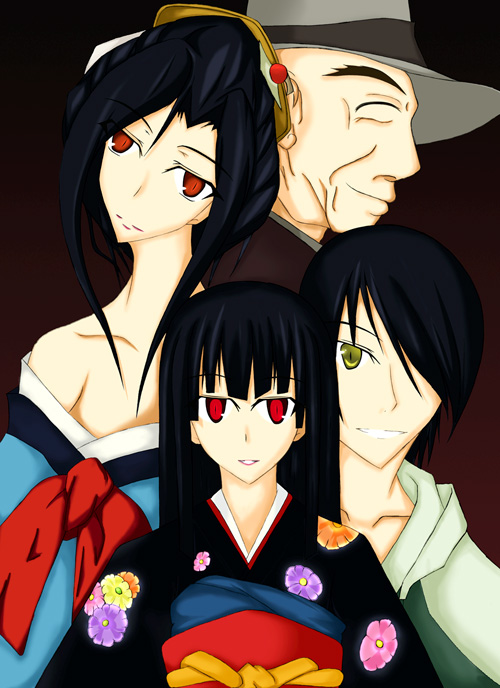 wanyuudou, enma ai, hone onna, ichimoku ren, jigoku shoujo, 00s, black hair, brown eyes, green eyes, japanese clothes, kimono, red eyes