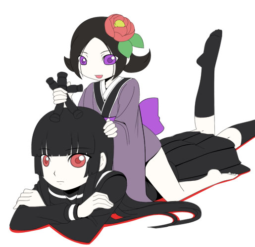 enma ai, kikuri, jigoku shoujo, 00s, black hair, japanese clothes, kimono, purple eyes, red eyes, school uniform, serafuku