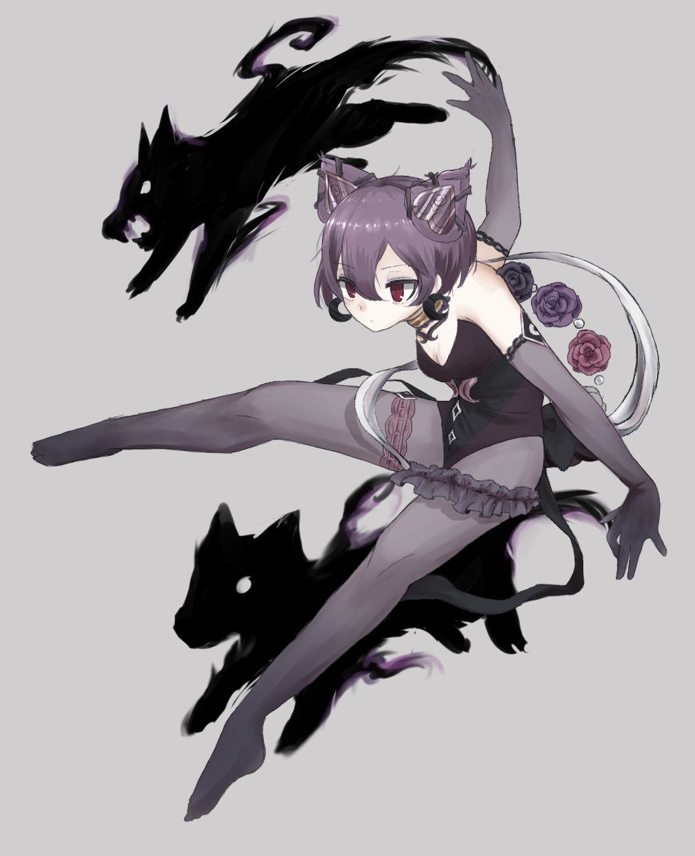 gamo tako, mahou shoujo ikusei keikaku, mahou shoujo ikusei keikaku aces, mahou shoujo ikusei keikaku queens, highres, 1girl, animal ears, black cat, black flower, black rose, cat, cat ears, dark cutie, elbow gloves, flower, gloves, grey background, magical girl, pantyhose, purple flower, purple rose, red eyes, red flower, red rose, rose, short hair