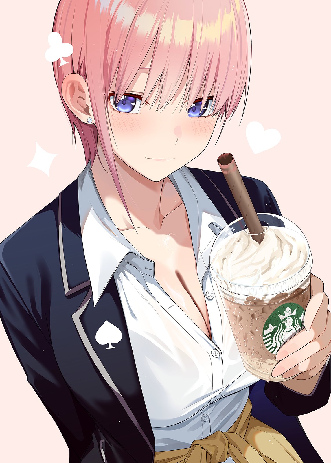 chicke iii, nakano ichika, go-toubun no hanayome, commentary, highres, symbol-only commentary, 1girl, asymmetrical hair, black jacket, blazer, blue eyes, brand name imitation, breasts, cardigan, cardigan around waist, cleavage, closed mouth, clothes around waist, collared shirt, cup, earrings, holding, holding cup, incoming drink, jacket, jewelry, large breasts, looking at viewer, partially unbuttoned, pink hair, school uniform, shirt, short hair, simple background, smile, solo, stud earrings, white shirt