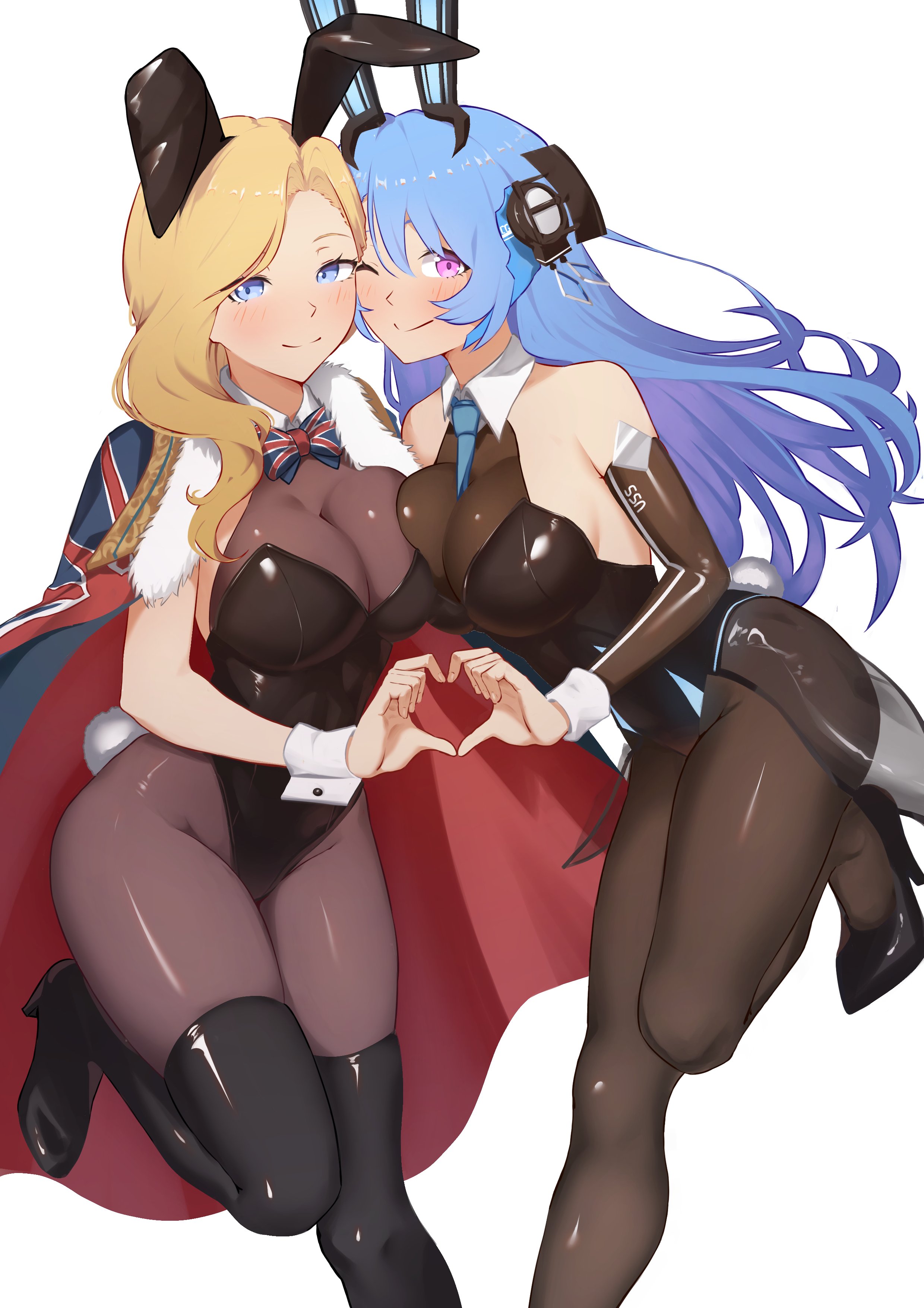 nyle404, helena (azur lane), hood (azur lane), azur lane, absurdres, commission, highres, vgen commission, 2girls, alternate costume, animal ears, bare shoulders, black boots, black leotard, black pantyhose, black shoes, black sleeves, blonde hair, blue bow, blue bowtie, blue cape, blue eyes, blue hair, blue necktie, blush, boots, bow, bowtie, breasts, cape, cleavage, detached sleeves, fake animal ears, hair ornament, heart, heart hands, heart hands duo, high heel boots, high heels, large breasts, leotard, long hair, multiple girls, necktie, one eye closed, pantyhose, playboy bunny, rabbit ears, rabbit tail, shoes, simple background, tail, thigh boots, union jack, white background, wrist cuffs