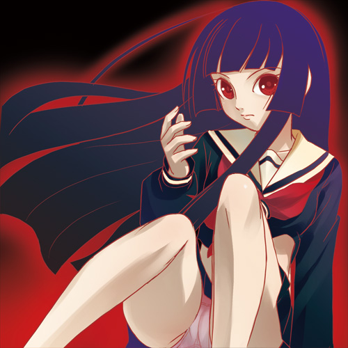 haruyama kazunori, enma ai, jigoku shoujo, lowres, 00s, black hair, black serafuku, blunt bangs, hime cut, panties, red eyes, school uniform, serafuku, solo, underwear