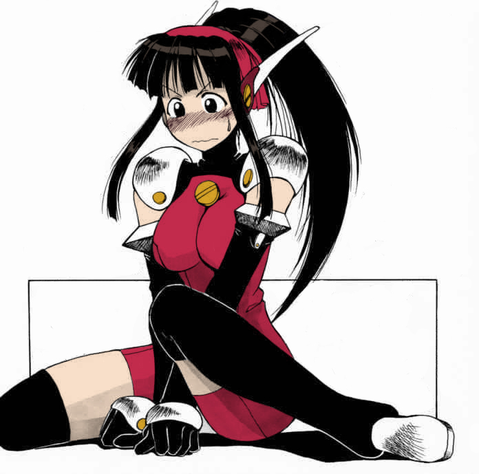 hontai bai, aoyama motoko, hikaru (angelic layer), angelic layer, love hina, colorized, non-web source, scan, 1girl, arm support, armor, black eyes, black hair, blunt bangs, blush, bodysuit, breasts, clenched hands, cosplay, crossover, elbow gloves, embarrassed, female focus, gloves, high ponytail, hikaru (angelic layer) (cosplay), kneehighs, large breasts, long hair, looking down, no nose, nose blush, pauldrons, ponytail, robot ears, shadow, shoulder armor, sidelocks, simple background, sitting, socks, solo, sweatdrop, thighhighs, turtleneck, unitard, v arms, wariza, wavy mouth, white background