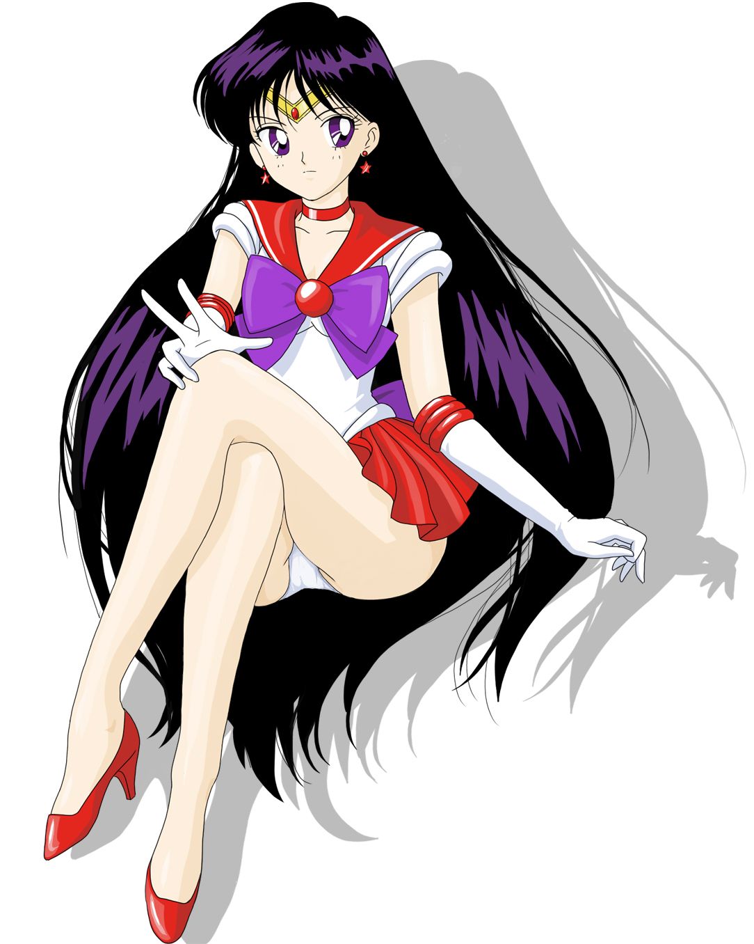 mr. r (2ch's sailor moon thread), hino rei, sailor mars, bishoujo senshi sailor moon, highres, 1990s (style), 1girl, choker, collarbone, elbow gloves, female focus, full body, gloves, hand on own knee, high heels, long hair, panties, pantyshot, partially visible vulva, purple eyes, red skirt, retro artstyle, sailor senshi uniform, school uniform, serafuku, shirt, sitting, skirt, solo, underwear, v, very long hair, white background, white gloves, white panties, white shirt