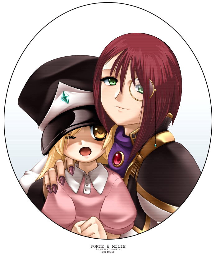 forte stollen, galaxy angel, character request, 00s, 2girls, blonde hair, character name, copyright name, dated, green eyes, monocle, multiple girls, red hair, simple background, yellow eyes
