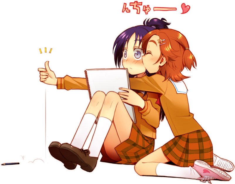 minakata sunao, hyuuga saki, mishou mai, futari wa precure splash star, precure, white legwear, 00s, 2girls, blush, closed eyes, hair ornament, hairclip, half updo, heart, kiss, kissing cheek, multiple girls, orange hair, purple eyes, purple hair, school uniform, serafuku, sitting, skirt, socks, surprised, wariza, yuri, yuunagi middle school uniform