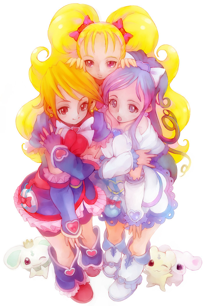 cure black, cure white, kujou hikari, mepple, mipple, misumi nagisa, porun, shiny luminous, yukishiro honoka, futari wa precure, futari wa precure max heart, precure, black footwear, hand on head, white footwear, 00s, 3girls, bike shorts, blonde hair, blue hair, boots, brooch, detached sleeves, earrings, fingerless gloves, gloves, half updo, heart, heart brooch, jewelry, knee boots, long hair, magical girl, multiple girls, one eye closed, open mouth, ponytail, purple eyes, red eyes, short hair, shorts, shorts under skirt, smile, twintails, white background, wink
