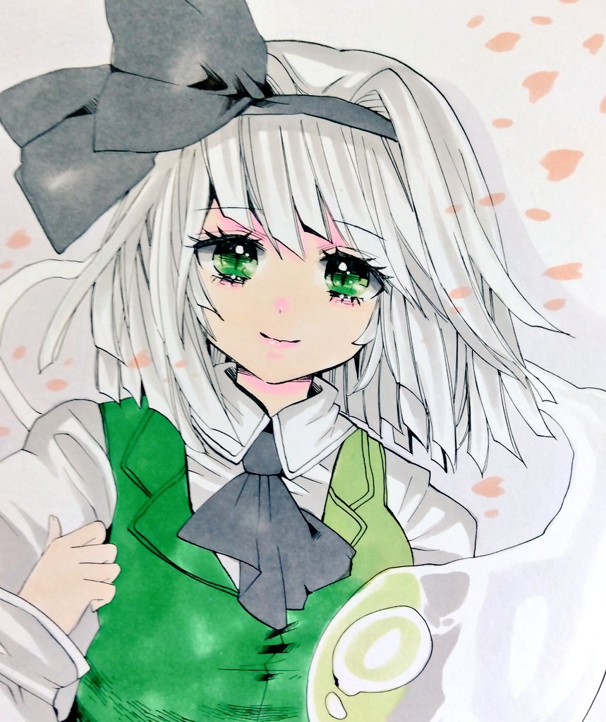 matsuppoi, konpaku youmu, konpaku youmu (ghost), touhou, 1girl, ascot, black ascot, collared shirt, cropped torso, green eyes, green vest, hairband, headband, long hair, medium hair, shirt, solo, vest, white hair, white shirt