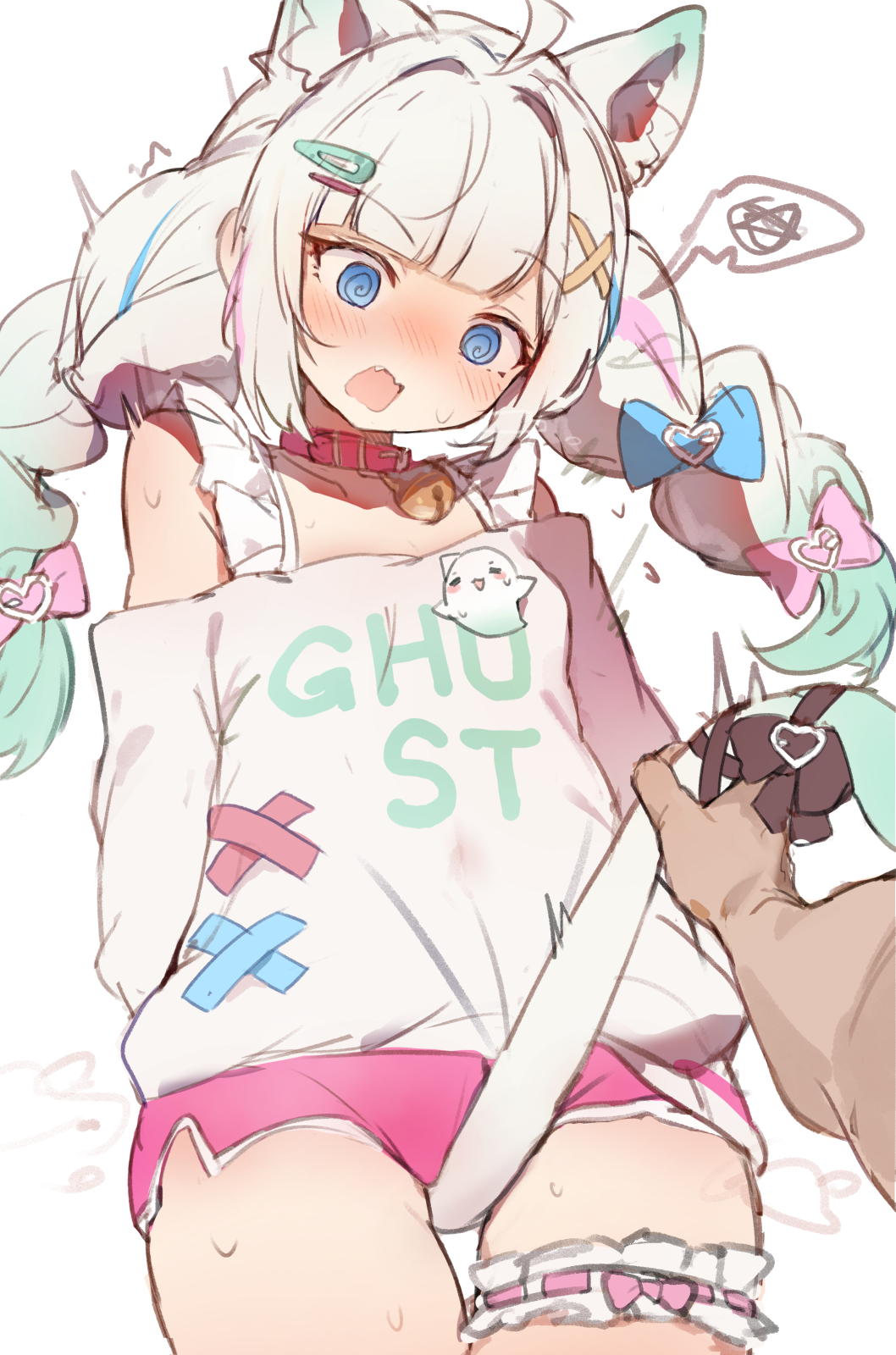 orobou, mint fantome, indie virtual youtuber, highres, 1girl, ahoge, animal ears, between legs, blue hair, blush, bow, braid, cat ears, cat tail, cowboy shot, extra ears, frilled thigh strap, hair bow, long hair, micro shorts, multicolored hair, pov, pov hands, pulling tail, shorts, solo focus, spoken squiggle, squiggle, standing, streaked hair, tail, tail between legs, thigh strap, twin braids, virtual youtuber, white hair