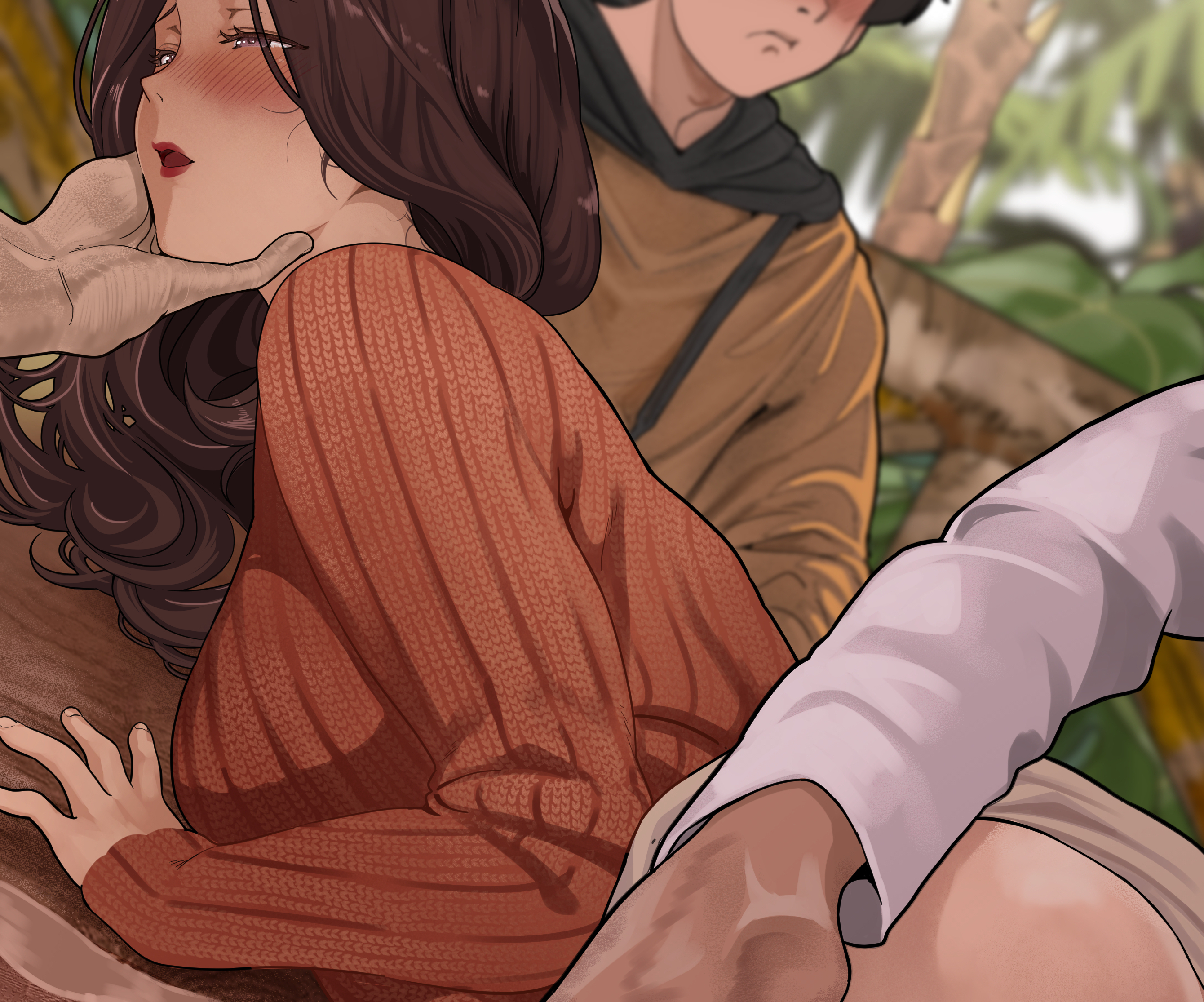 yewang19, original, commentary request, highres, 1girl, 3boys, ass, blush, brown cardigan, brown hair, cardigan, dress shirt, fingernails, formal clothes, hand on another's ass, holding, holding rope, leaning forward, long hair, mask, mature female, mother and son, multiple boys, necktie, no panties, out of frame, palm tree, pants, rope, shirt, skirt, sweatdrop, tree, vest, white shirt, white skirt