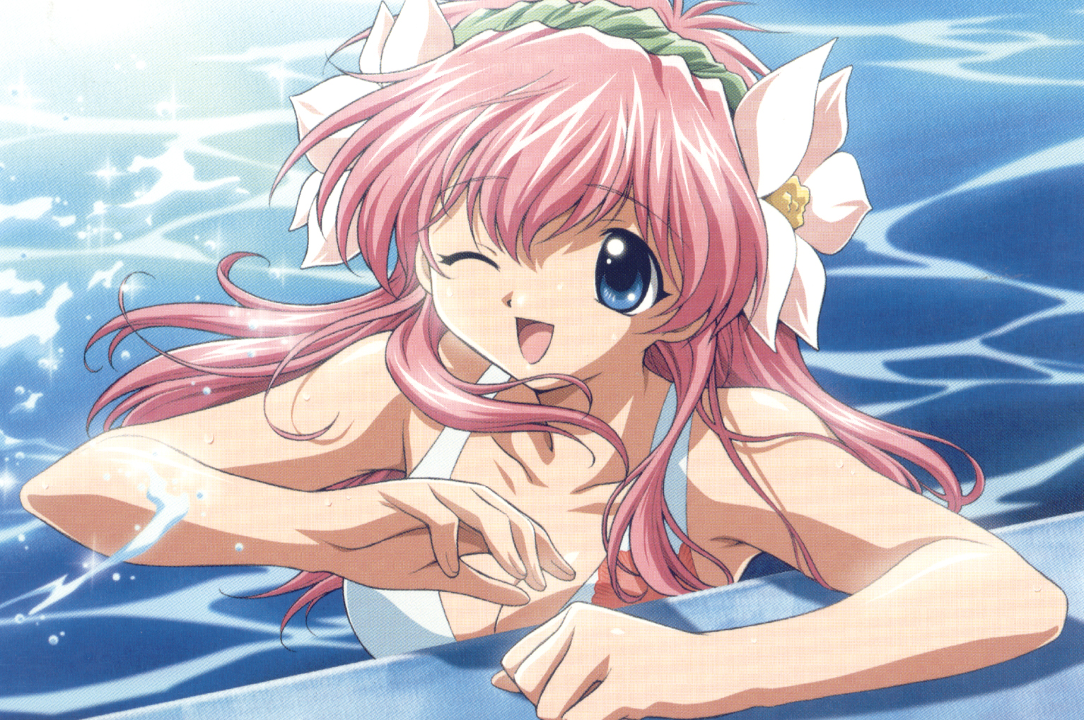 kimura masahiro, milfeulle sakuraba, galaxy angel, scan, 00s, 1girl, bikini, blue eyes, female focus, flower, moire, one eye closed, open mouth, pink hair, solo, swimsuit