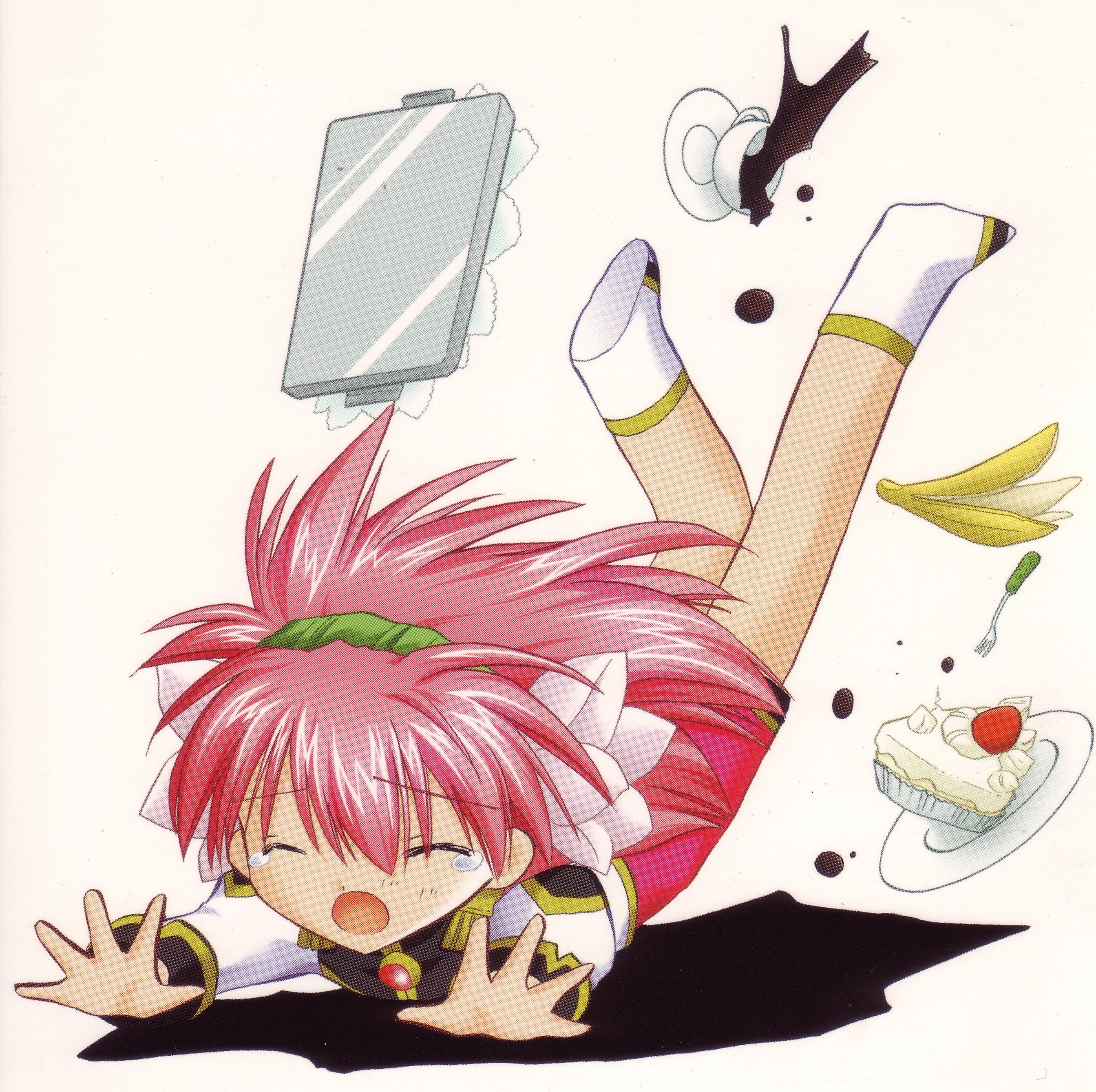 milfeulle sakuraba, galaxy angel, absurdres, highres, 00s, 1girl, banana, blue eyes, cake, closed eyes, coffee, cup, disposable cup, falling, female focus, food, fruit, open mouth, pink hair, saucer, simple background, solo, tray, tripping, white background