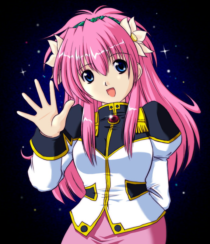 rabisuke, milfeulle sakuraba, galaxy angel, 00s, 1girl, blue eyes, female focus, flower, long hair, military, military uniform, pink hair, solo, waving
