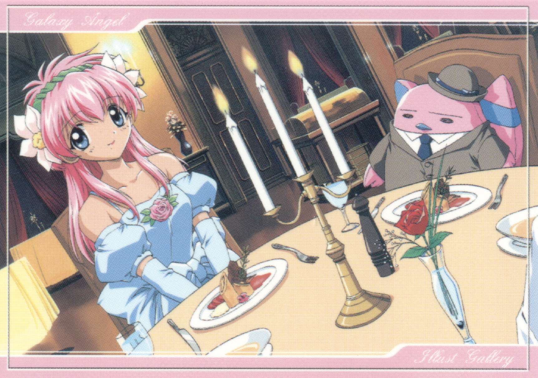 milfeulle sakuraba, normad, galaxy angel, highres, official art, 00s, 1girl, blue eyes, candle, candlestand, copyright name, cup, dress, dutch angle, elbow gloves, flower, food, fork, formal clothes, gloves, hat, indoors, knife, looking at viewer, pink hair, puffy sleeves, rose, suit, table, vase