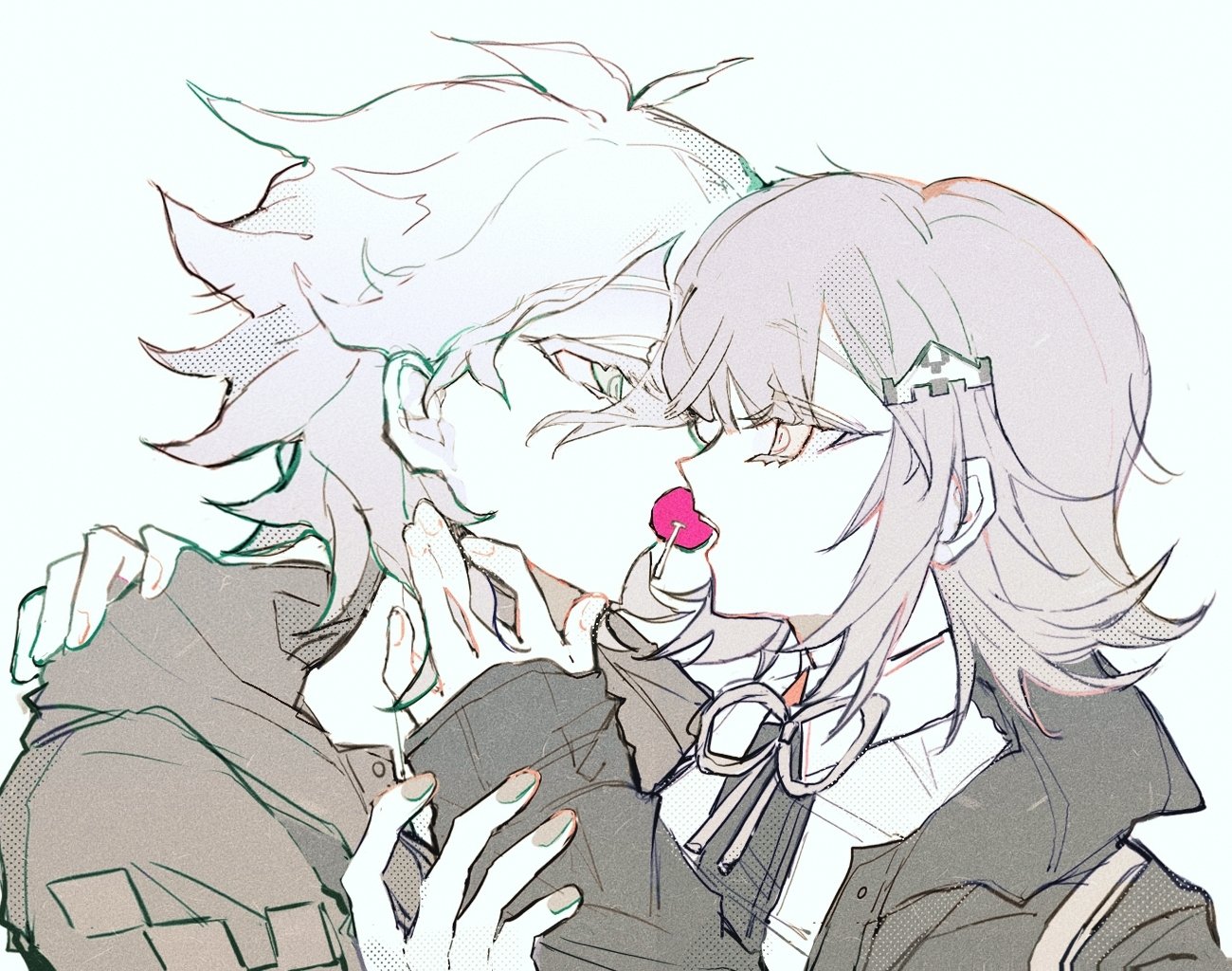 komaeda nagito, nanami chiaki, danganronpa (series), danganronpa 2: goodbye despair, 1boy, 1girl, black jacket, black shirt, brown hair, eye contact, gradient hair, green jacket, grey hair, hetero, hood, hood down, hooded jacket, htt1988406, imminent kiss, jacket, long sleeves, looking at another, medium hair, messy hair, multicolored hair, neck ribbon, pink ribbon, ribbon, shirt, simple background, two-tone shirt, upper body, white background, white shirt