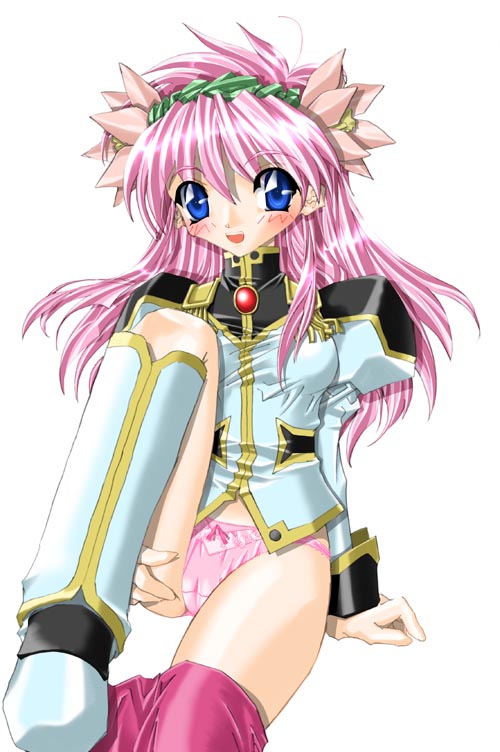 milfeulle sakuraba, galaxy angel, 00s, 1girl, blue eyes, blush, bow, bow panties, clothes pull, female focus, long hair, looking at viewer, panties, pink hair, pink panties, puffy sleeves, simple background, skirt, skirt pull, smile, solo, underwear, white background