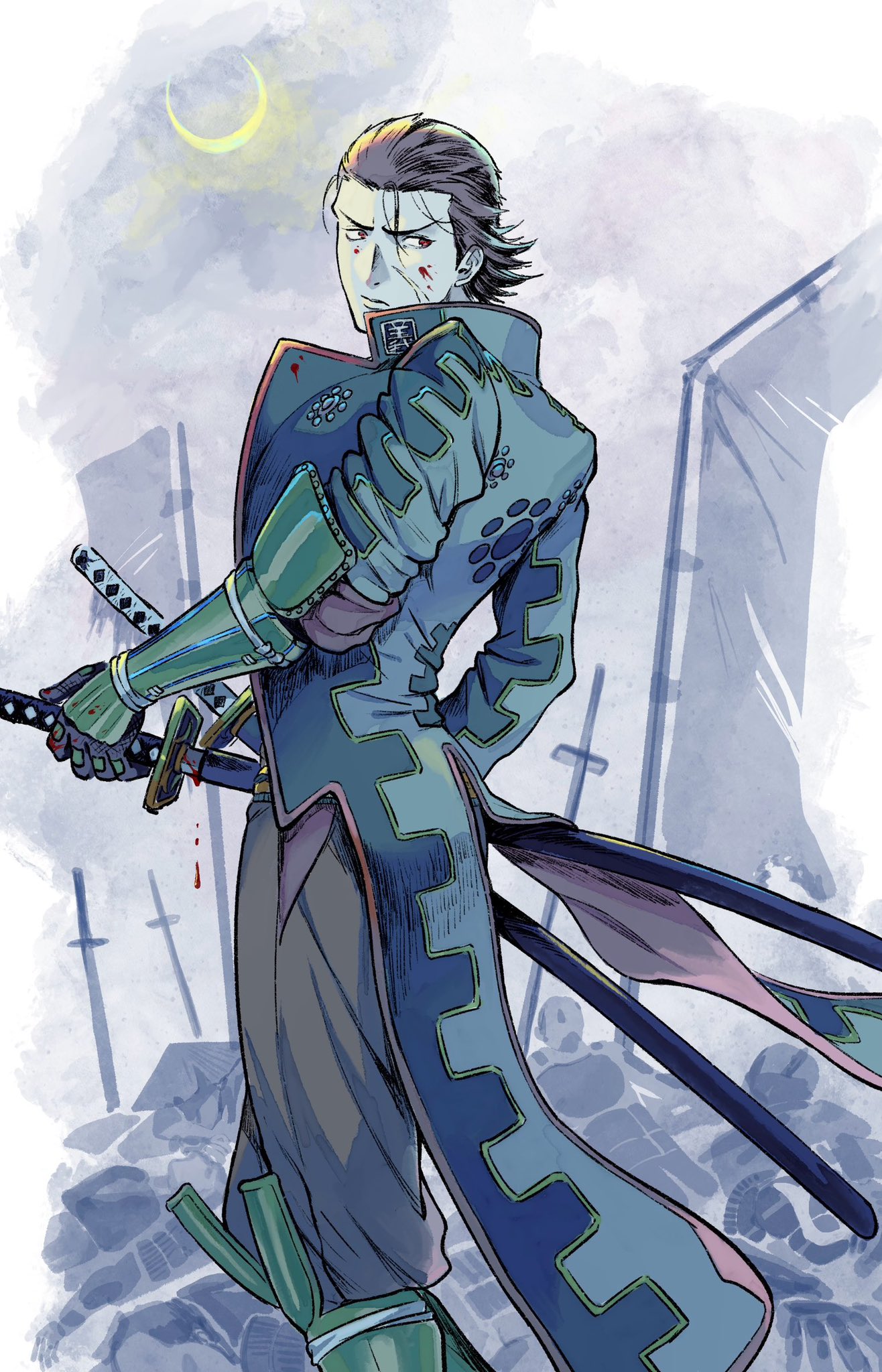 hokke to hockey, katakura kojuurou (sengoku basara), sengoku basara, commentary request, highres, 1boy, blood, blood on face, brown hair, brown pants, coat, crescent moon, facial scar, feet out of frame, from side, frown, green coat, hair slicked back, holding, holding sword, holding weapon, katana, looking back, looking to the side, male focus, moon, pants, red eyes, scar, scar on cheek, scar on face, sheath, sheathed, solo, sword, unsheathing, weapon