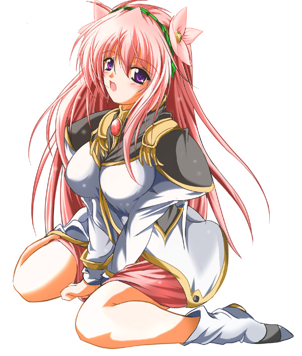 milfeulle sakuraba, galaxy angel, tagme, 00s, 1girl, blush, breasts, breasts squeezed together, female focus, large breasts, long hair, open mouth, pink hair, purple eyes, sitting, solo, v arms, wariza