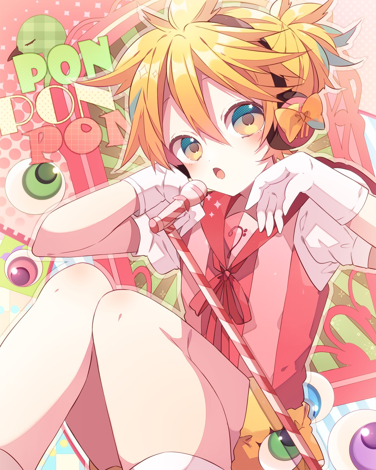 kaho 0102, kagamine len, vocaloid, commentary request, highres, 1boy, :o, bass clef, blonde hair, blush, double-parted bangs, feet out of frame, gloves, hair between eyes, looking at viewer, male focus, microphone, microphone stand, neck ribbon, open mouth, red background, red ribbon, red vest, ribbon, shirt, short hair, short sleeves, shorts, sitting, solo, vest, white gloves, white shirt, yellow eyes, yellow shorts