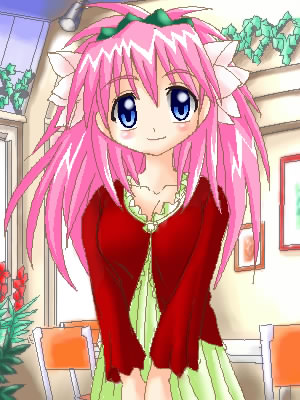 milfeulle sakuraba, galaxy angel, aliasing, lowres, 00s, 1girl, alternate costume, blue eyes, blush, female focus, flower, hair flower, hair ornament, long hair, looking at viewer, pink hair, smile, solo, v arms