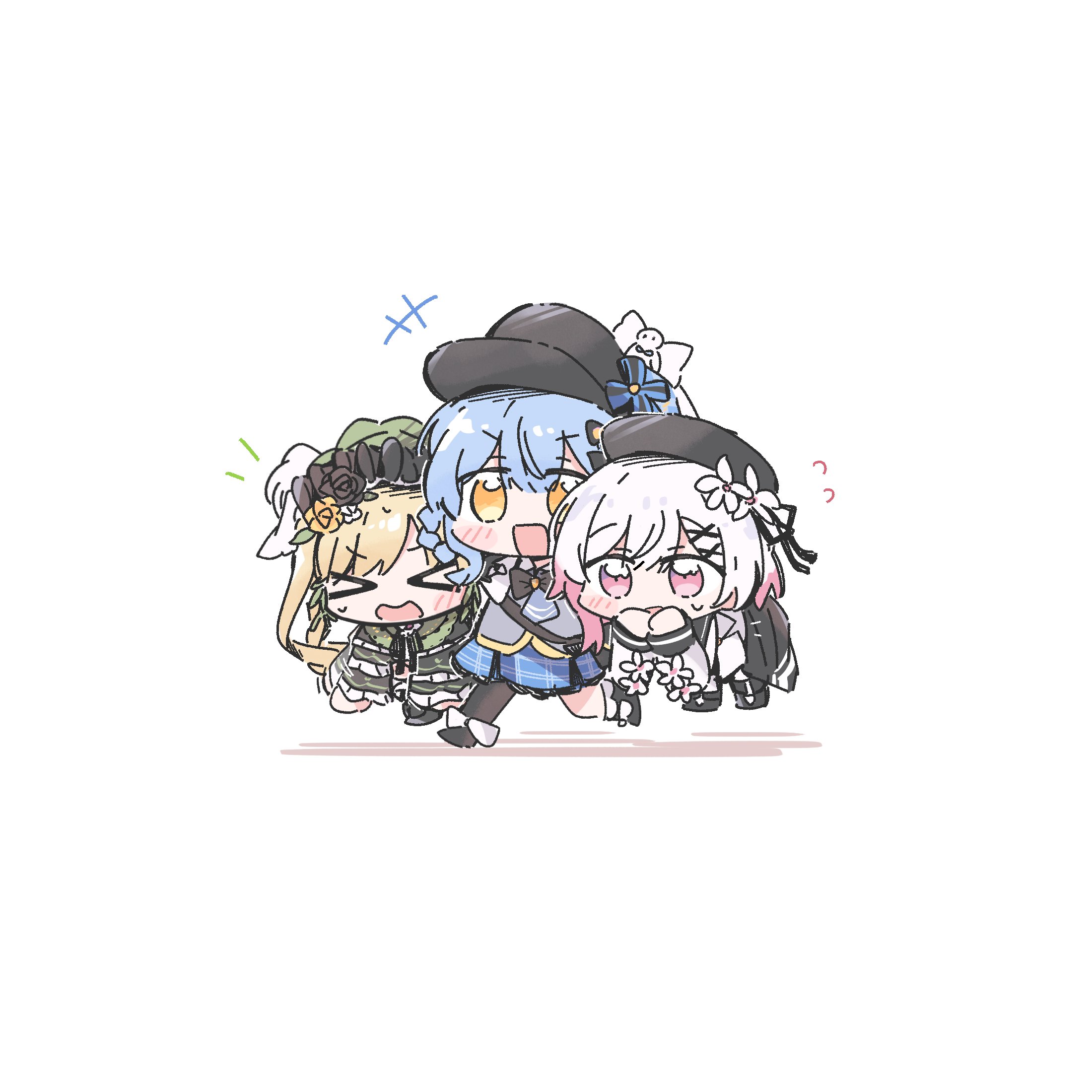 hateyo, sakuraba ema, tachibana sherry, toono hanna, mahou shoujo no majo saiban, commentary, highres, > <, 3girls, asymmetrical legwear, beret, bird hat ornament, black dress, black flower, black hair, black pantyhose, black rose, black shoes, blonde hair, blue dress, blue hair, bonnet, braid, braided hair rings, carrying, carrying multiple people, carrying person, carrying under arm, chibi, chibi only, dress, flower, frills, gradient hair, green dress, hair ornament, hair rings, hat, hat flower, lolita fashion, magical girl, multicolored hair, multiple girls, newsboy cap, open mouth, pantyhose, rose, shirt, shoes, simple background, smile, too many, too many frills, twintails, white background, white flower, white hair, white shirt, x hair ornament, yellow eyes, yellow flower, yellow rose