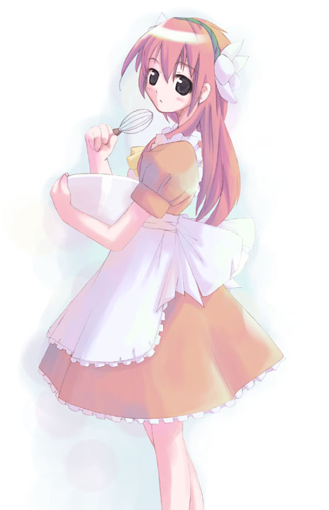 takanashi akihito, milfeulle sakuraba, broccoli (company), galaxy angel, 00s, 1girl, apron, blue eyes, bowl, female focus, maid, maid apron, pink hair, solo, whisk