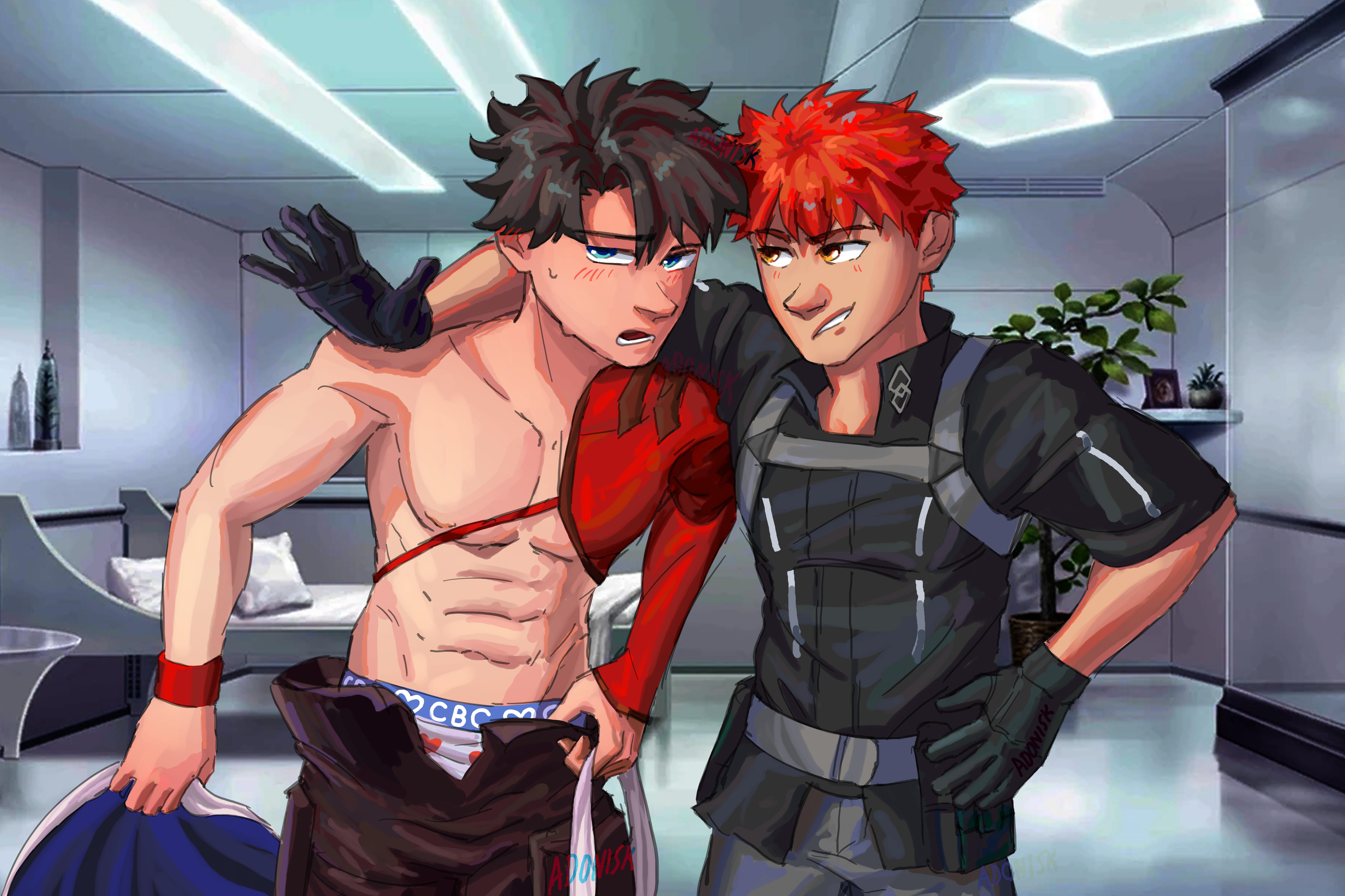 emiya shirou, fujimaru ritsuka (male), senji muramasa (fate), fate/grand order, fate (series), absurdres, highres, 2boys, blush, cosplay, costume switch, greyearl 7, male focus, male underwear, multiple boys, muscular, muscular male, underwear