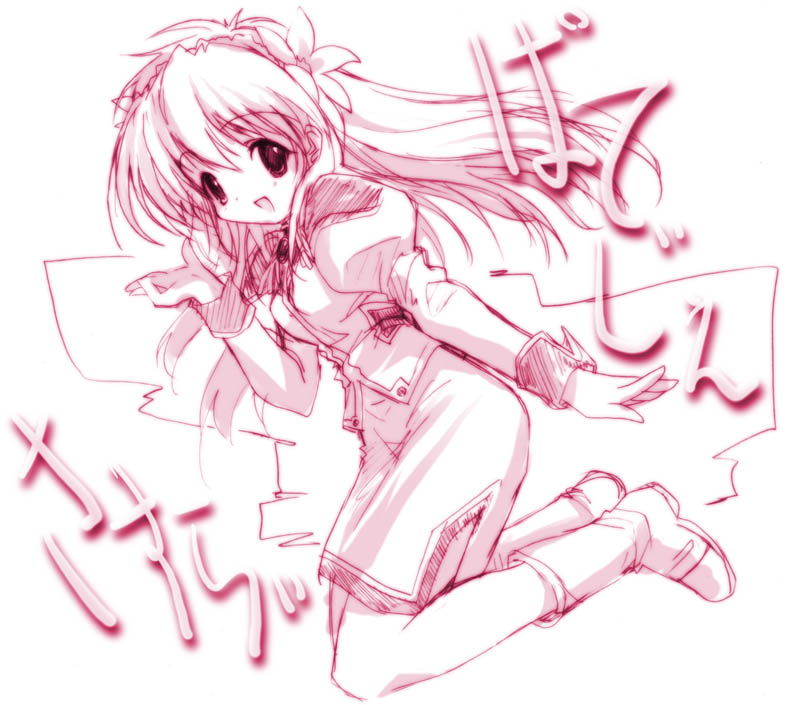 milfeulle sakuraba, galaxy angel, tagme, 00s, 1girl, blue eyes, female focus, monochrome, pink hair, simple background, solo