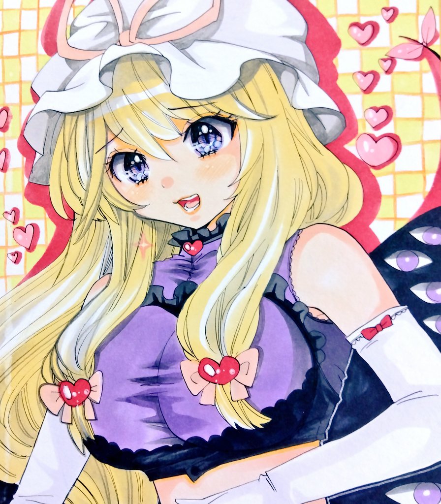 matsuppoi, yakumo yukari, touhou, blonde hair, breasts, checkered background, gloves, hat, hat ribbon, large breasts, long hair, looking to the side, mob cap, navel, purple eyes, ribbon, white gloves, yellow background