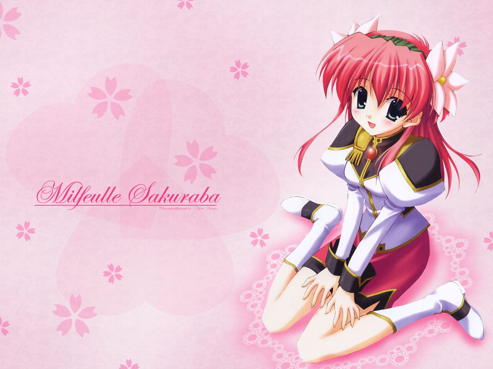 milfeulle sakuraba, galaxy angel, highres, 00s, 1girl, blue eyes, blush, character name, female focus, flower, hair flower, hair ornament, long hair, looking at viewer, open mouth, pink hair, puffy sleeves, sitting, solo, wariza