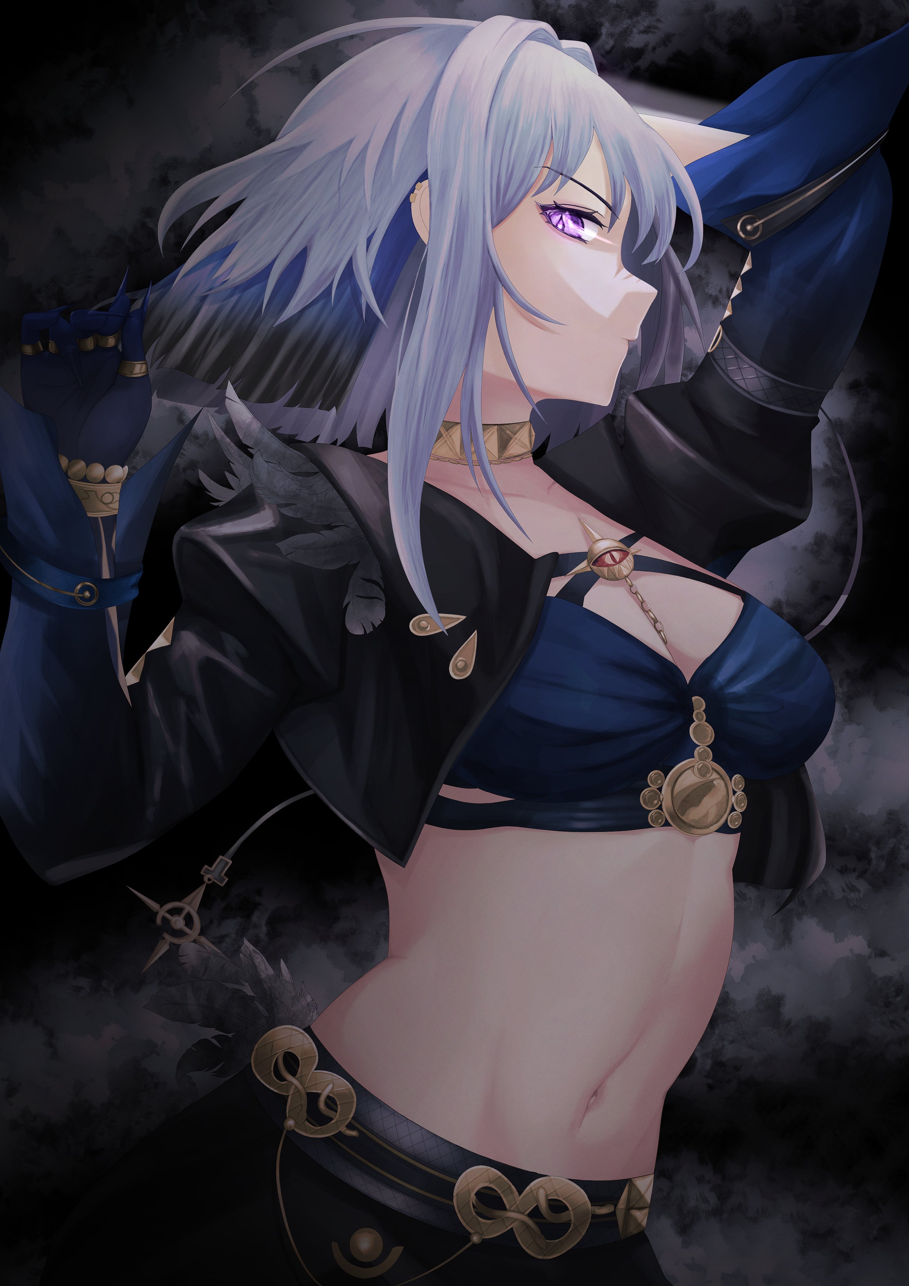 aoi (ayakaze aoi), galbrena (wuthering waves), wuthering waves, absurdres, highres, 1girl, black gloves, black jacket, black pants, blue bra, blue nails, bra, breasts, collarbone, crop top, cropped jacket, ear piercing, feathers, from side, gloves, gold choker, grey hair, hair between eyes, hand up, jacket, jewelry, medium hair, navel, pants, piercing, purple eyes, single glove, solo, stomach, underwear, very long fingernails